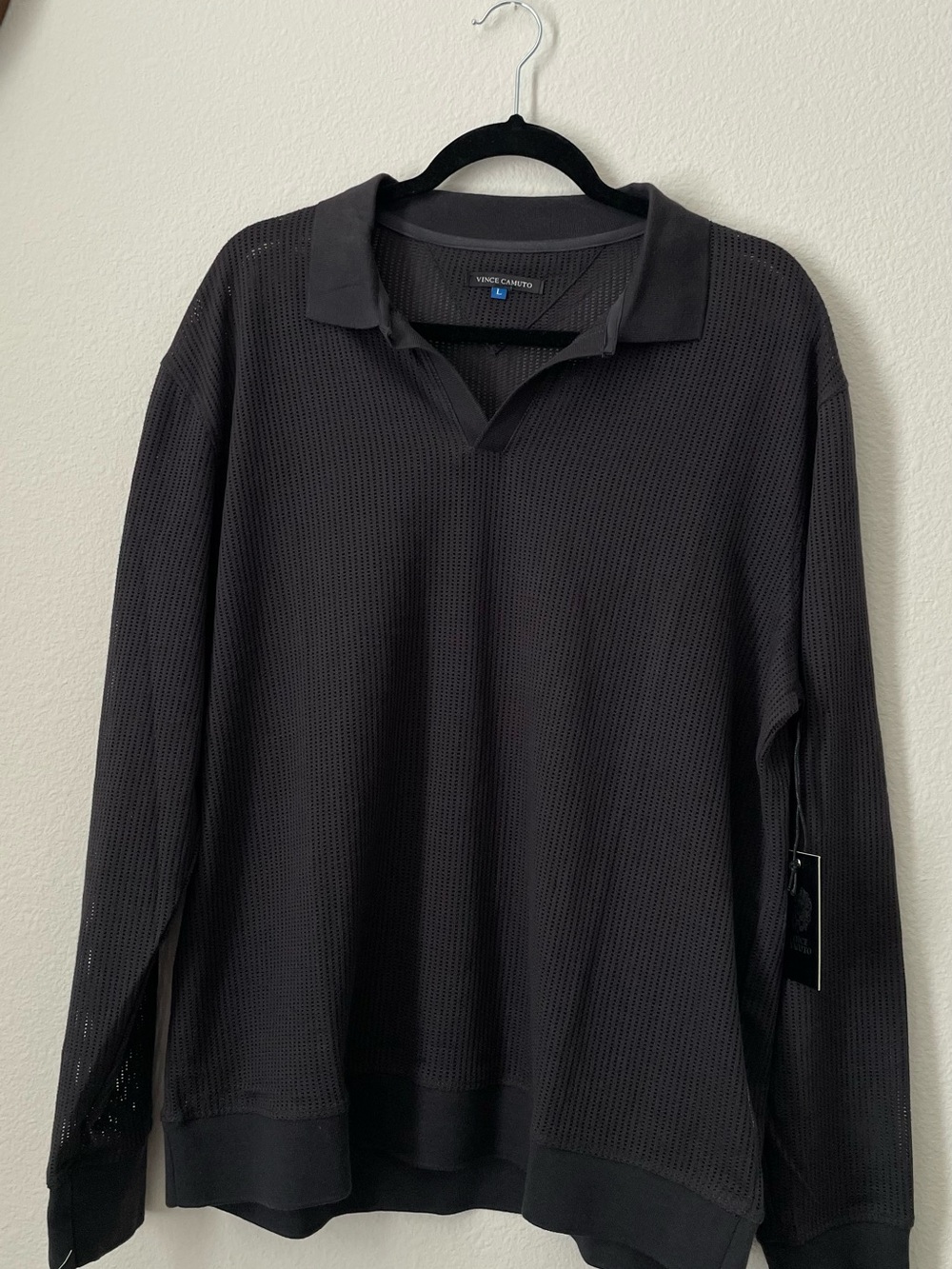Vince Camuto Black Mesh Long-Sleeve Polo